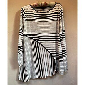 Staples Women 3/4 Sleeve Tunic Top Large Asymmetric Slit Striped Black Stretch